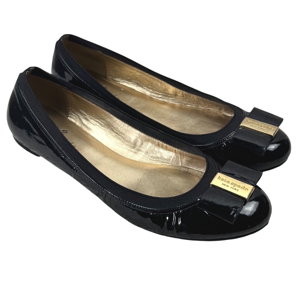 Kate Spade Ballet Flats Womens 8.5M Black Patent Leather Bow Gold Logo Designer - Picture 4 of 15